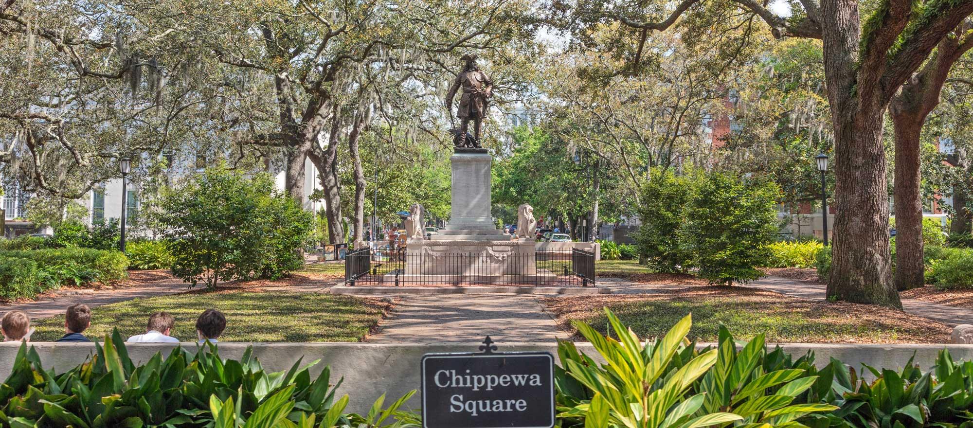 Chippewa Square, which includes a statue of Oglethorpe. Adobe Stock