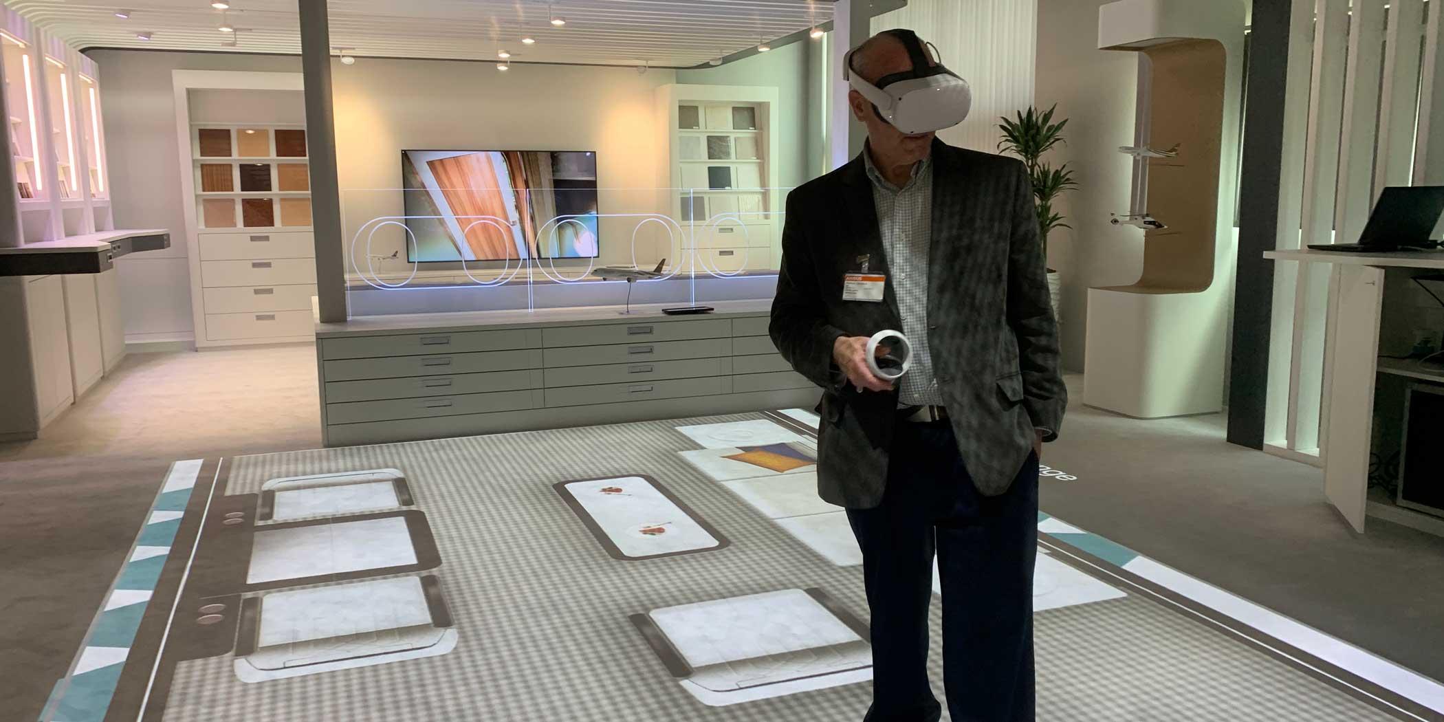 In Airbus’s creative studio, AIN editor-in-chief Matt Thurber tries out the virtual reality ACJ TwoTwenty interior, where materials, colors, and lighting effects can quickly be changed. 