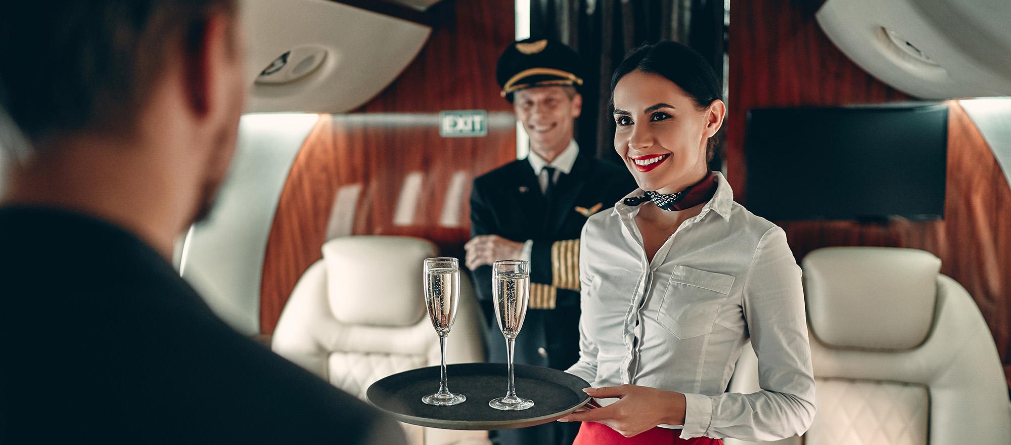 business jet interior with hostess