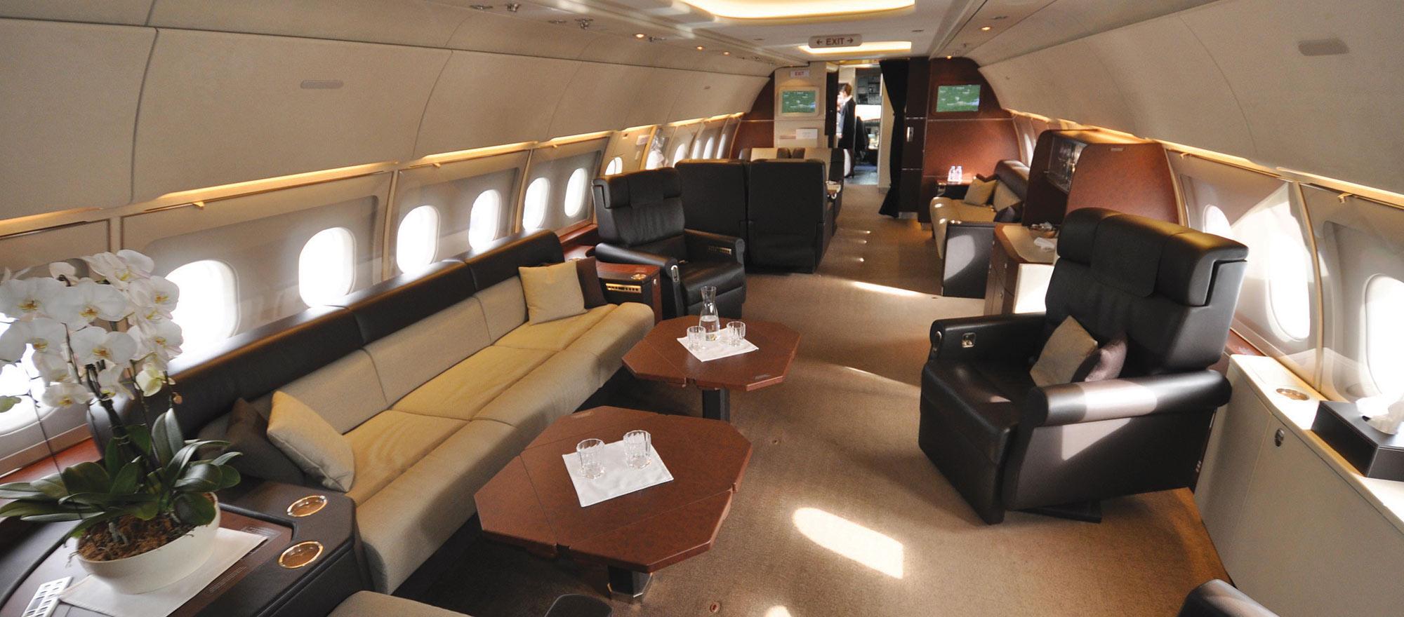 Large-cabin bizliners such as this Airbus ACJ318 offer the ultimate in comfort and space, with many often having separate living room, dining area and bedroom.