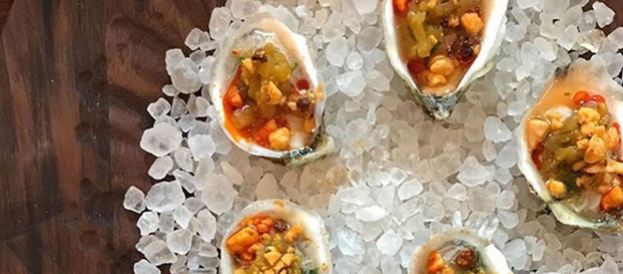 Chilled Virginia White Stone oysters roasted peppers peanut lovage