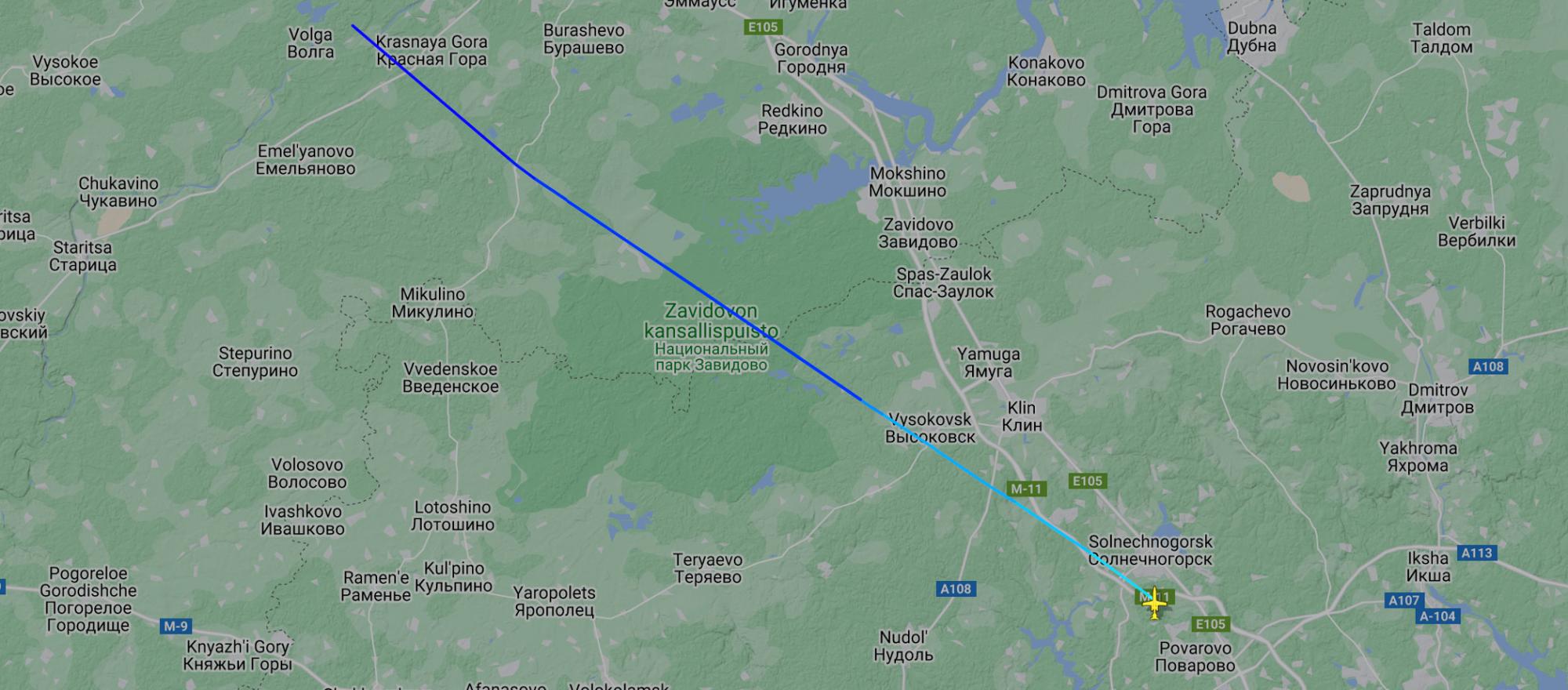 Flightradar24 map showing flight path of Embraer Legacy 650 aircraft carrying Wagner group leader.
