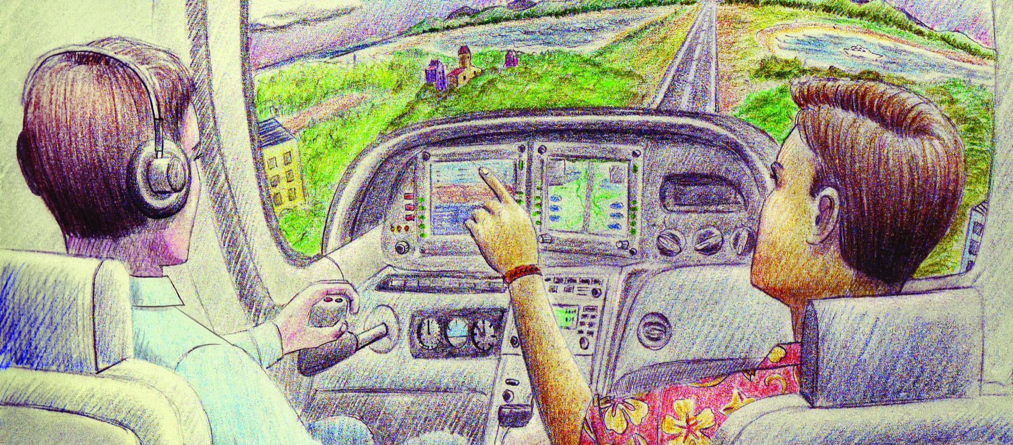 Many repeat customers learn to love the view out the big window up front. And it's not just pilot wannabees. (Illustration: John T. Lewis)