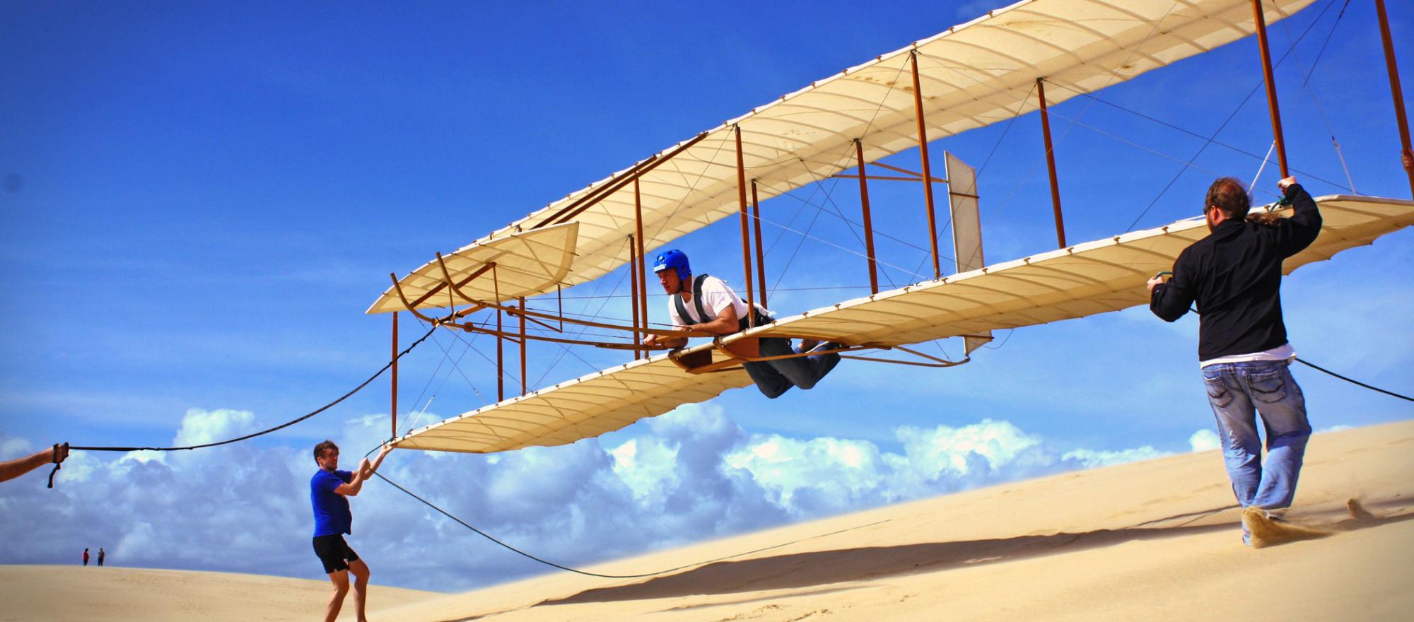 Now you can soar over the dunes in Kitty Hawk, North Carolina, just as Orville and Wilbur did more than a century ago, aboard an exact reproduction of their 1902 glider.