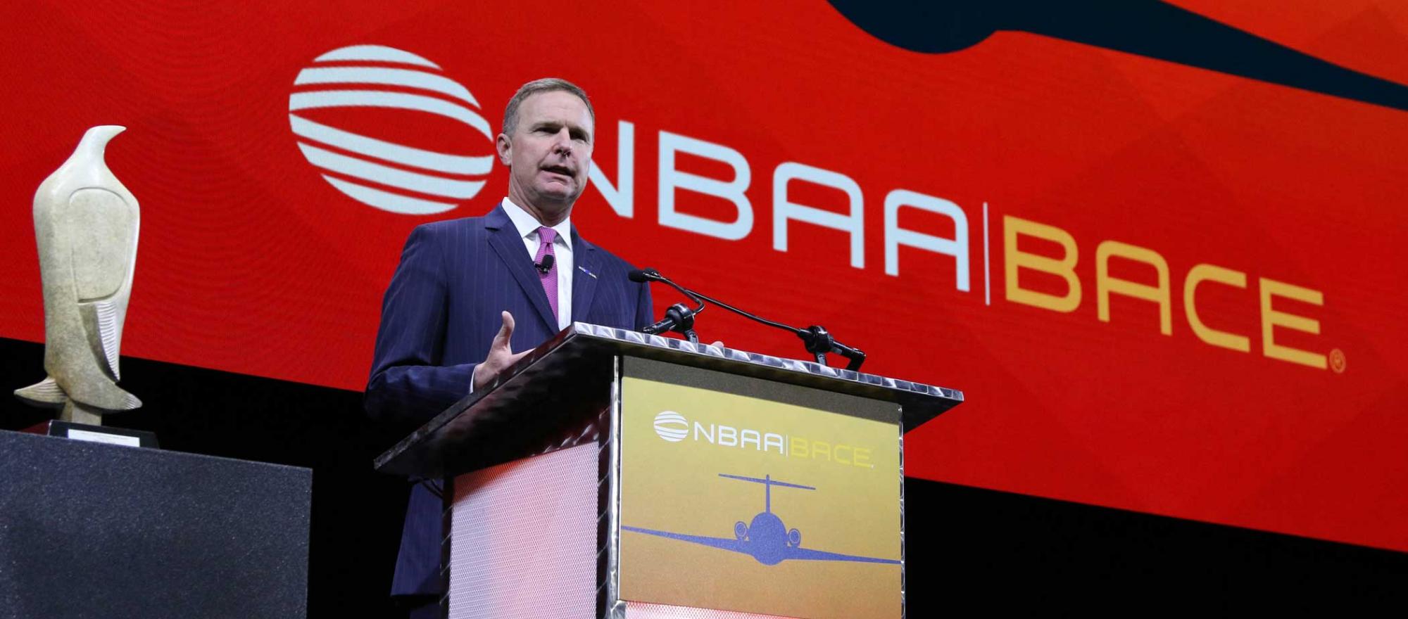 National Business Aviation Association president and CEO Ed Bolen speaks at the group's 2018 annual meeting.