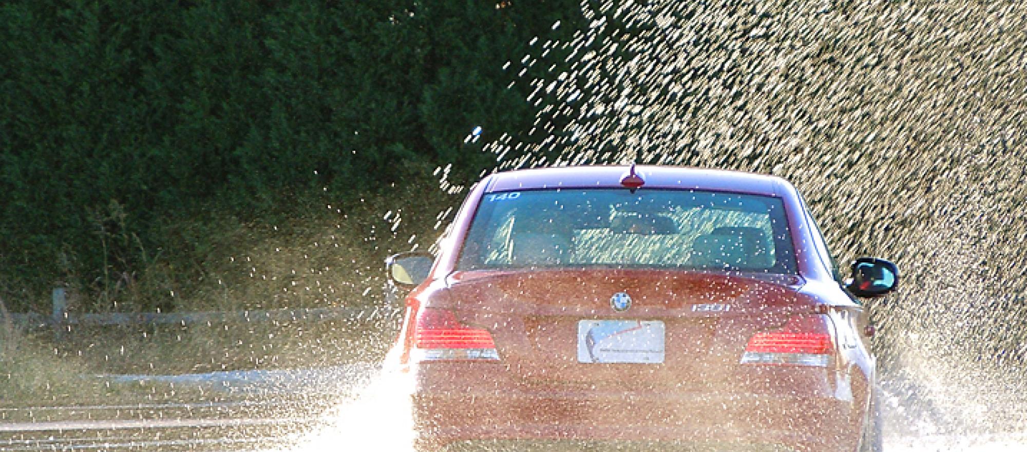 We started in M5s on a circle of polished concrete made ice-slick by water sp