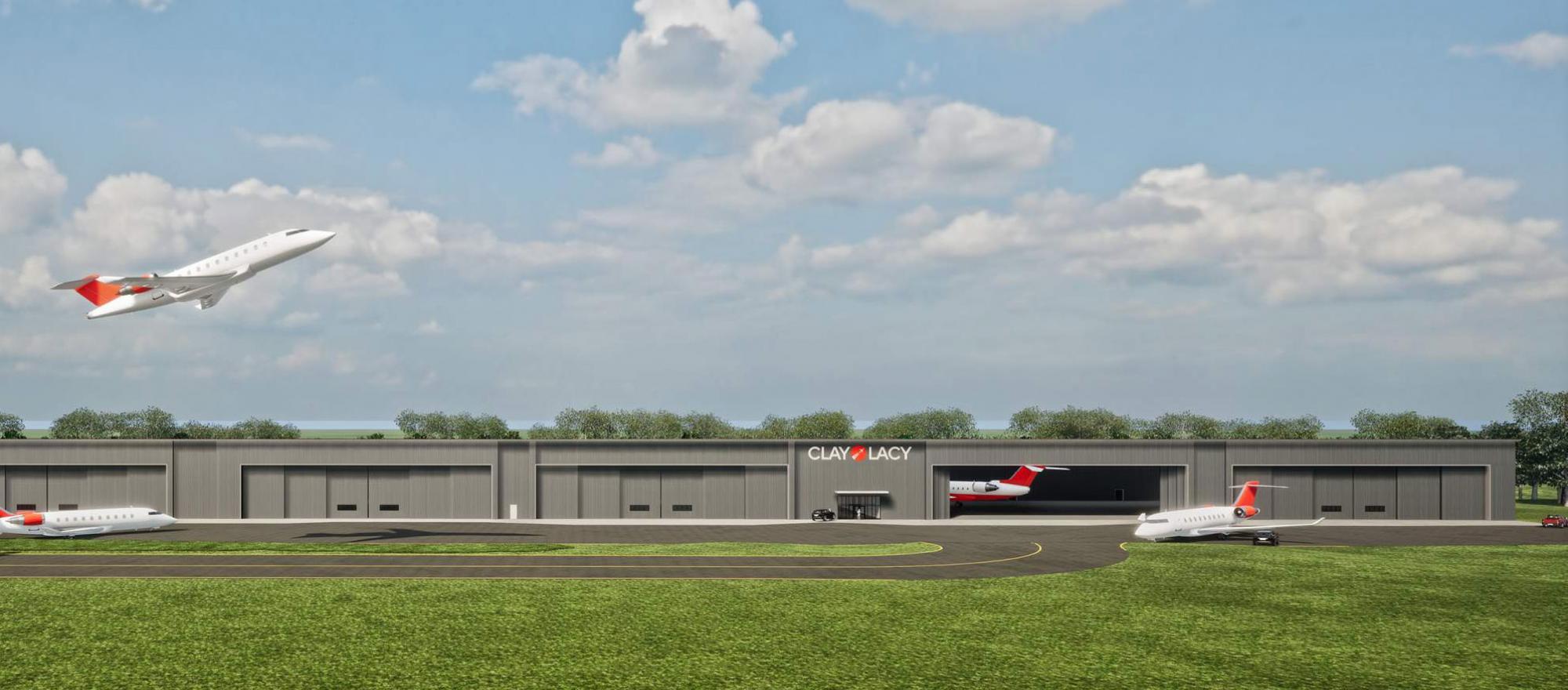Artist's rendering of new Clay Lacy Aviation FBO/MRO complex at KOXC