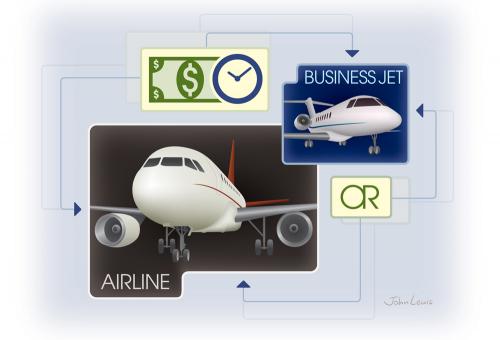 Travel$ense accounts for hours lost by airline  passengers when ­traveling to and from their airports, time spent in security lines, time lost due to ­canceled flights and more. (Illustration: John T. Lewis)