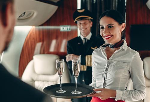 business jet interior with hostess