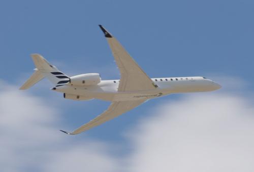 Bombardier Global 8000 flying at Farnborough International Airshow 2026