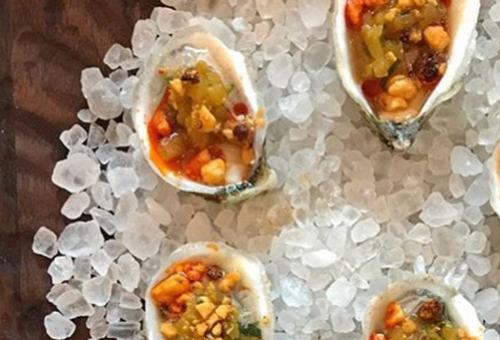 Chilled Virginia White Stone oysters roasted peppers peanut lovage