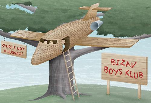 The business aviation field has been called a "boys' club," and with good reason. Illustration by John T. Lewis.