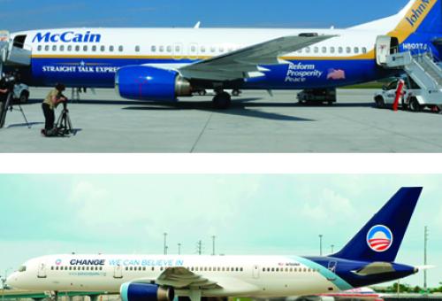 Senator McCain’s Boeing 737 (top) has been configured to  recall his old camp