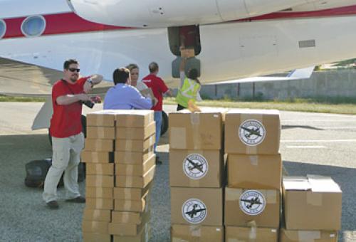A Honeywell corporate jet delivered supplies and rescue workers to the ravage