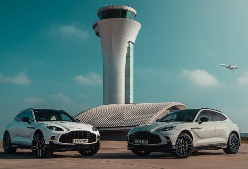 Aston Martin SUVs on the ramp at Farnborough Airport