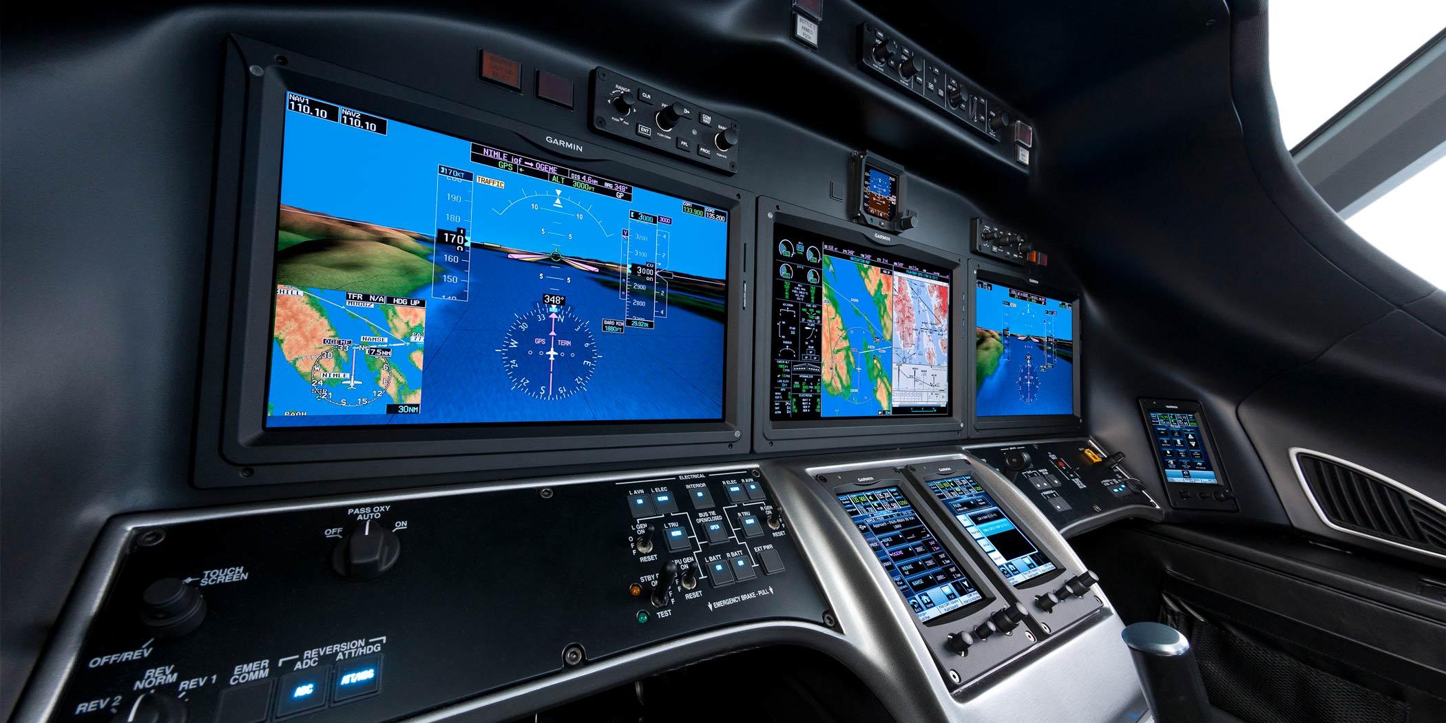 The Garmin G500 avionics suite within the cockpit of the Cessna Citation X+