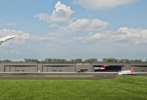 Artist's rendering of new Clay Lacy Aviation FBO/MRO complex at KOXC